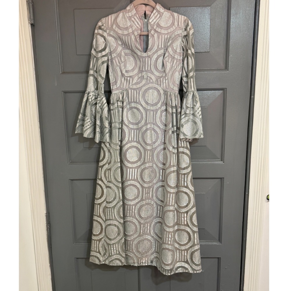 Vintage Silver Metallic Geometric Midi Dress Bell Sleeve Keyhole Mock Neck